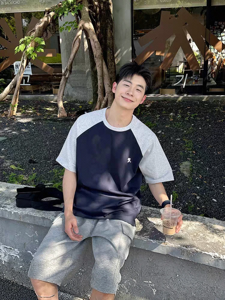 男士圆领拼色宽松休闲百搭短袖t恤夏季重磅纯棉半袖上衣男潮牌T恤