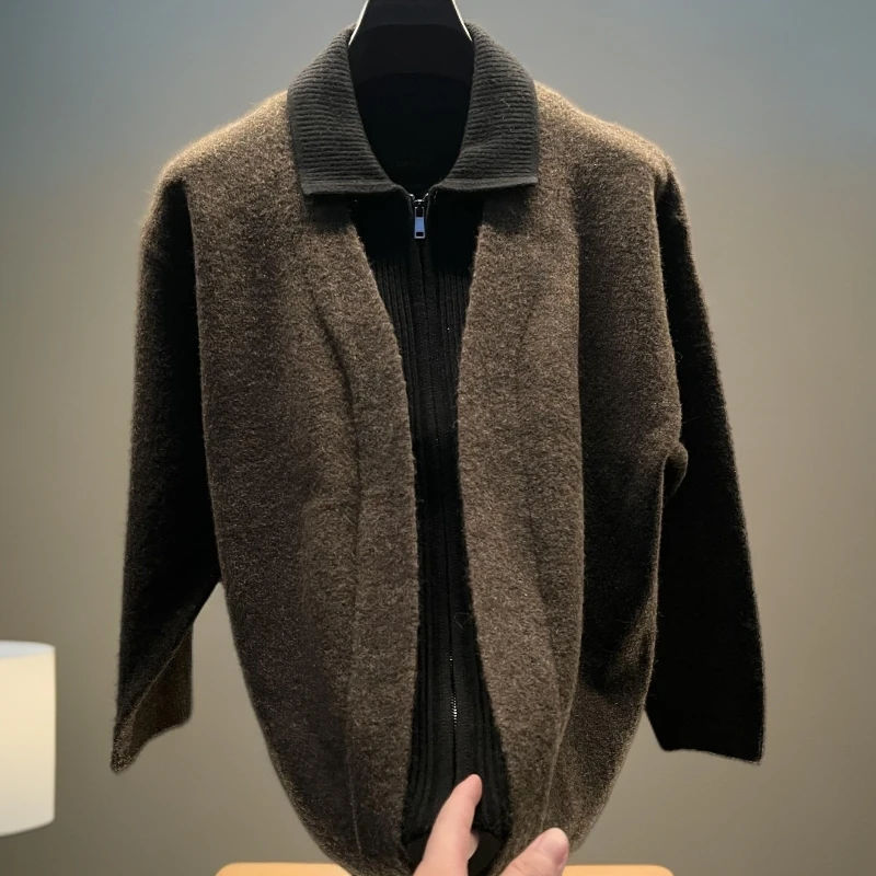 高端轻奢时尚百搭翻领针织开衫男士2025秋冬新款休闲双面拼接毛衣