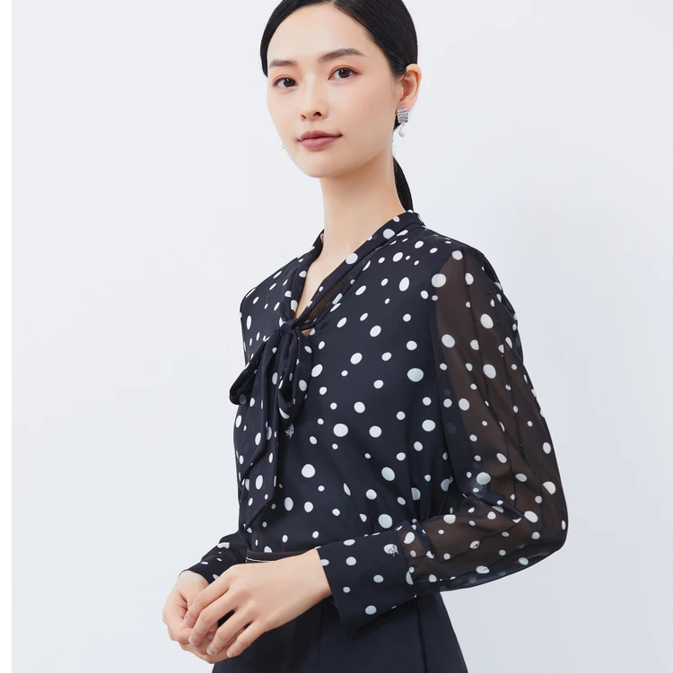 娜尔思气质圆点印花飘带领衬衫女2025早春通勤上衣ND04136W0