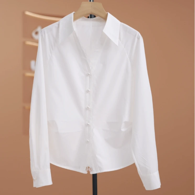 【菲儿】蕾丝拼接衬衫女春夏设计感小众收腰显瘦上衣百搭衬衣Y15387