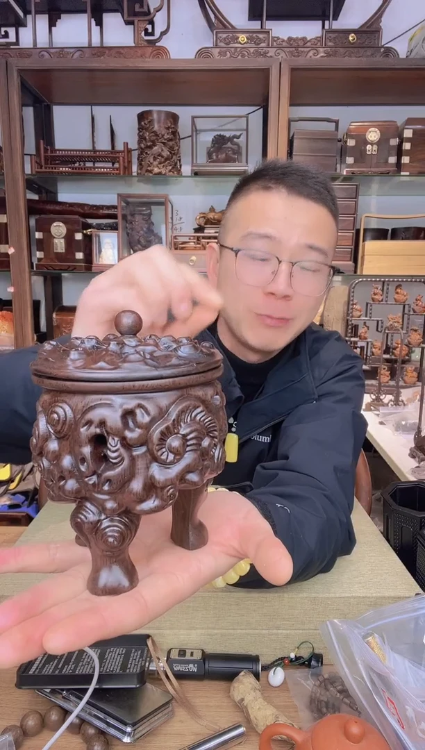 【闪购商品】乌木类书架130 黑檀木雕刻灵芝三足香炉