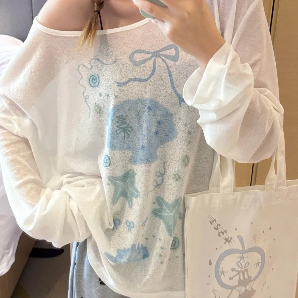 【人鱼旋律】贝壳印花罩衫宽松长袖斜肩上衣慵懒风insT恤女