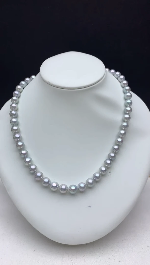 银S925镶嵌ff海水珍珠akoya灰珠串链8~9mm