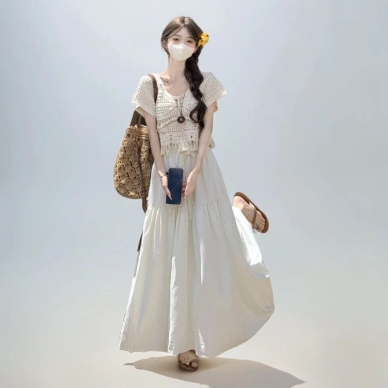 民族风钩花镂空流苏坎肩上衣女夏季设计感气质宽松百搭短袖针织衫