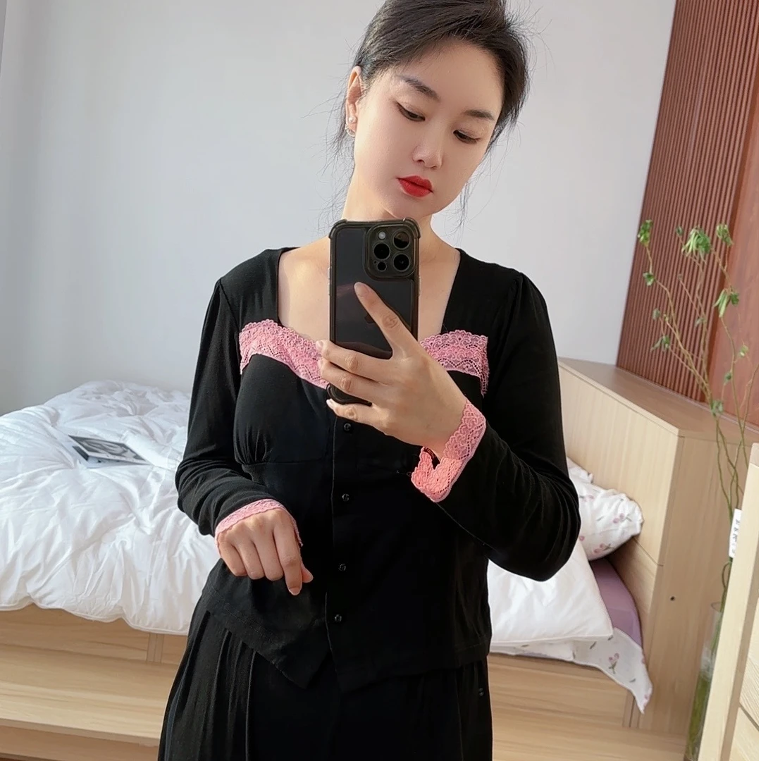 网红时尚性感纯欲简约蕾丝花边莫代尔纯棉带胸垫可外穿两件套睡衣