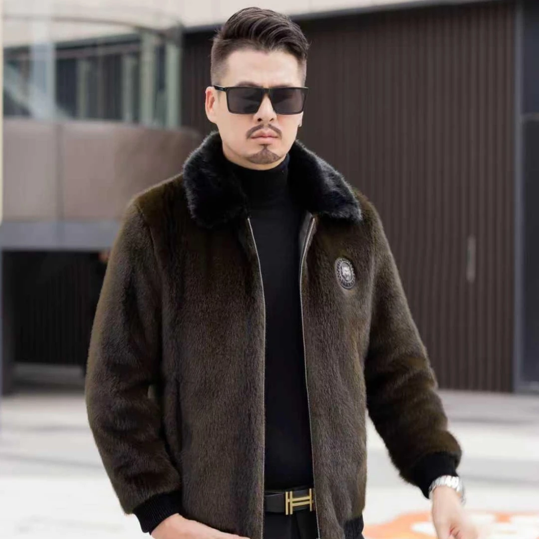 虎皮竖条貂保暖直下摆秋冬翻领拉链男男士秋冬一体夹克冬季