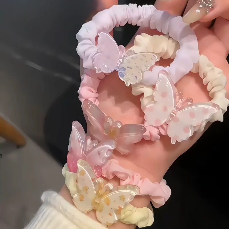 粉色可爱少女马尾发绳扎头发皮筋甜美头绳发饰春夏蝴蝶布艺发圈