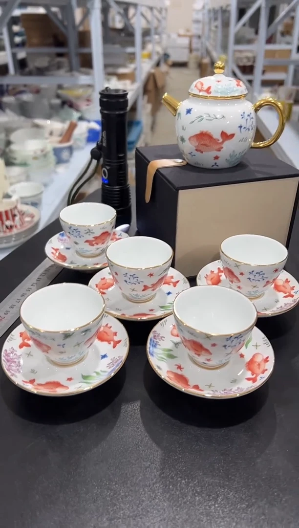 杯子骨瓷（原盒） 鱼草纹 茶杯碟 5套装
