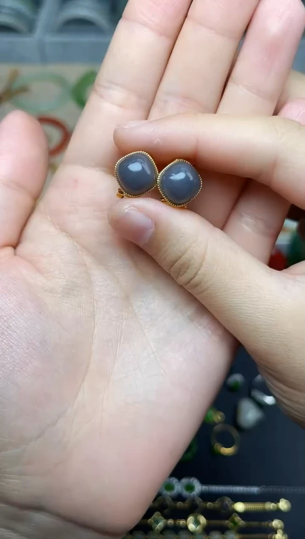 和田玉银S925镶嵌耳饰烟紫耳扣06