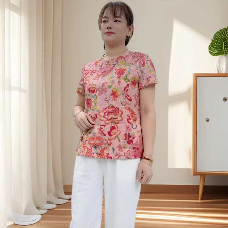 1503新中式斜襟盘扣上衣女装套装夏季新款国风丝衬衫短袖衬衣