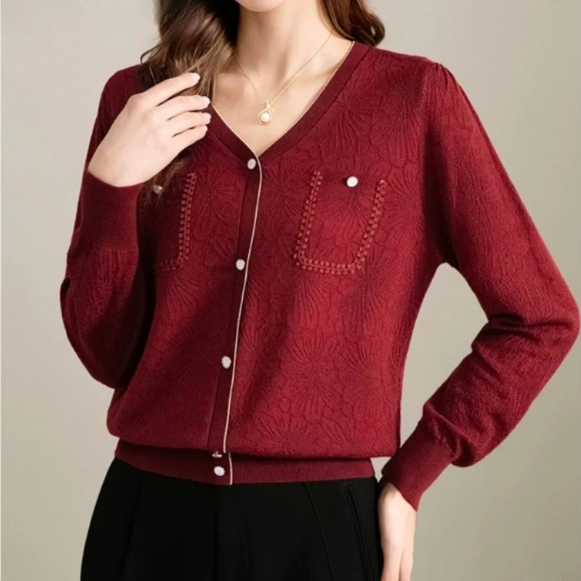 072【红   V领假开衫】高级气质女针织衫