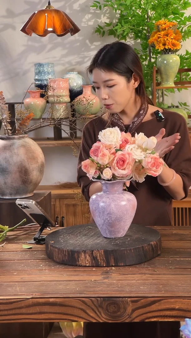 【紫梦星河-小号花瓣瓶】紫粉色无孔陶瓷花瓶干花鲜花客厅插花摆件