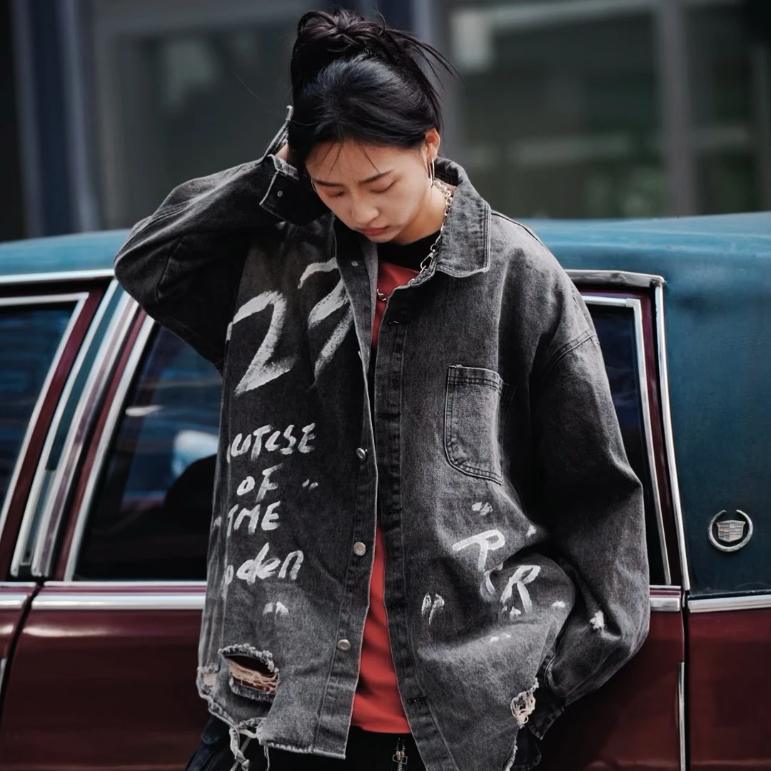 原创重磅涂鸦牛仔外套拼接手绘印花宽松不规则男女款