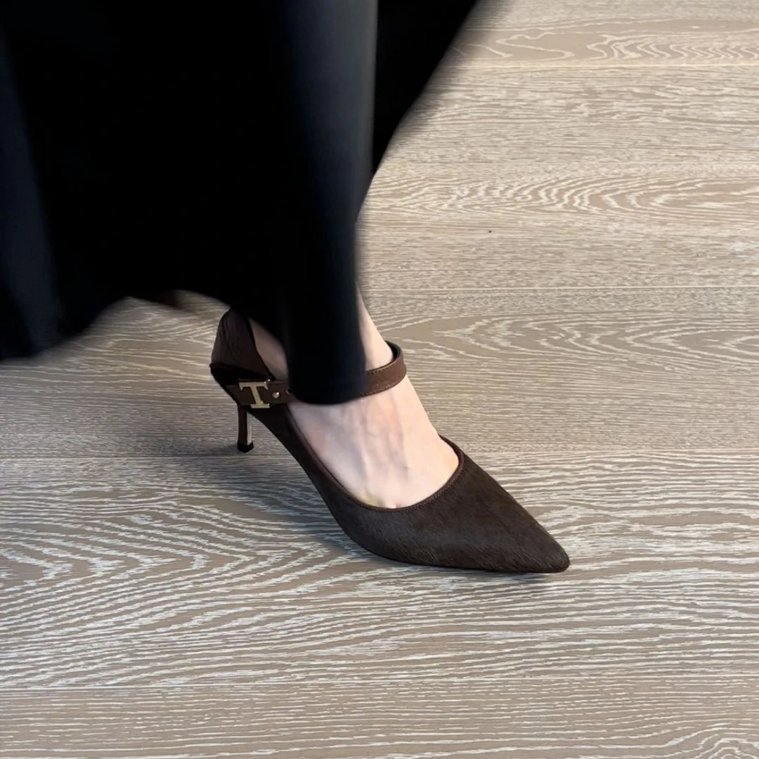 7CM马毛拼百搭高端小众舒适一字扣一字带轻奢尖头细跟轻奢单鞋