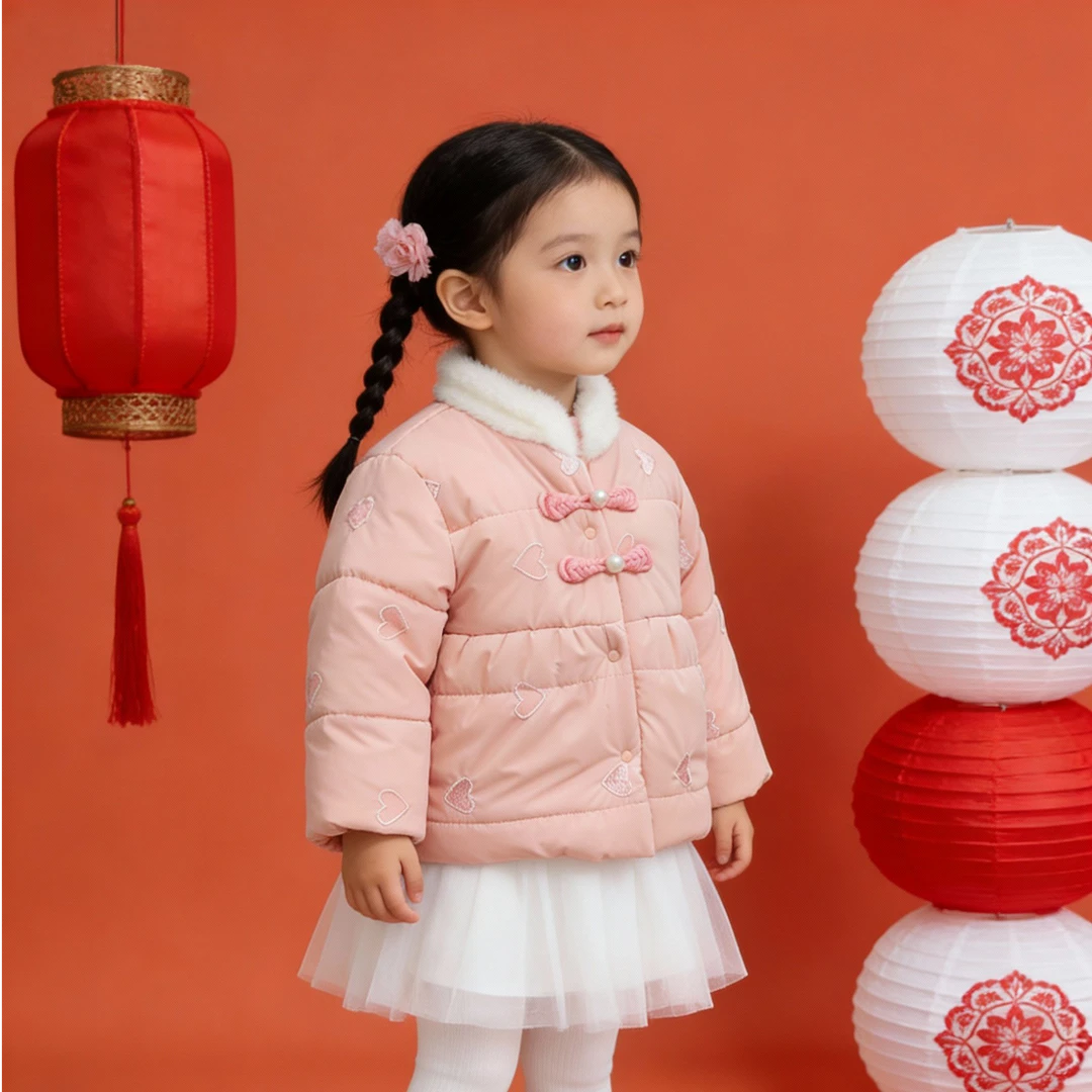 冬季儿童加绒加厚盘扣毛领棉服女宝可爱外出棉衣拜年衣ZY