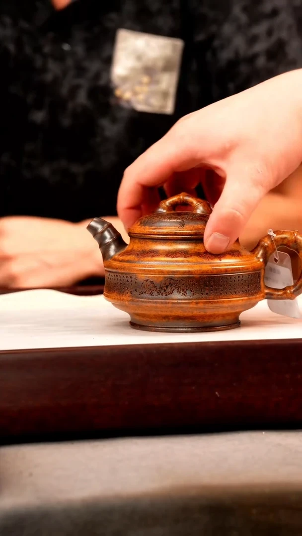 茶壶紫砂龙骨金砂 双线竹鼓 刻绘