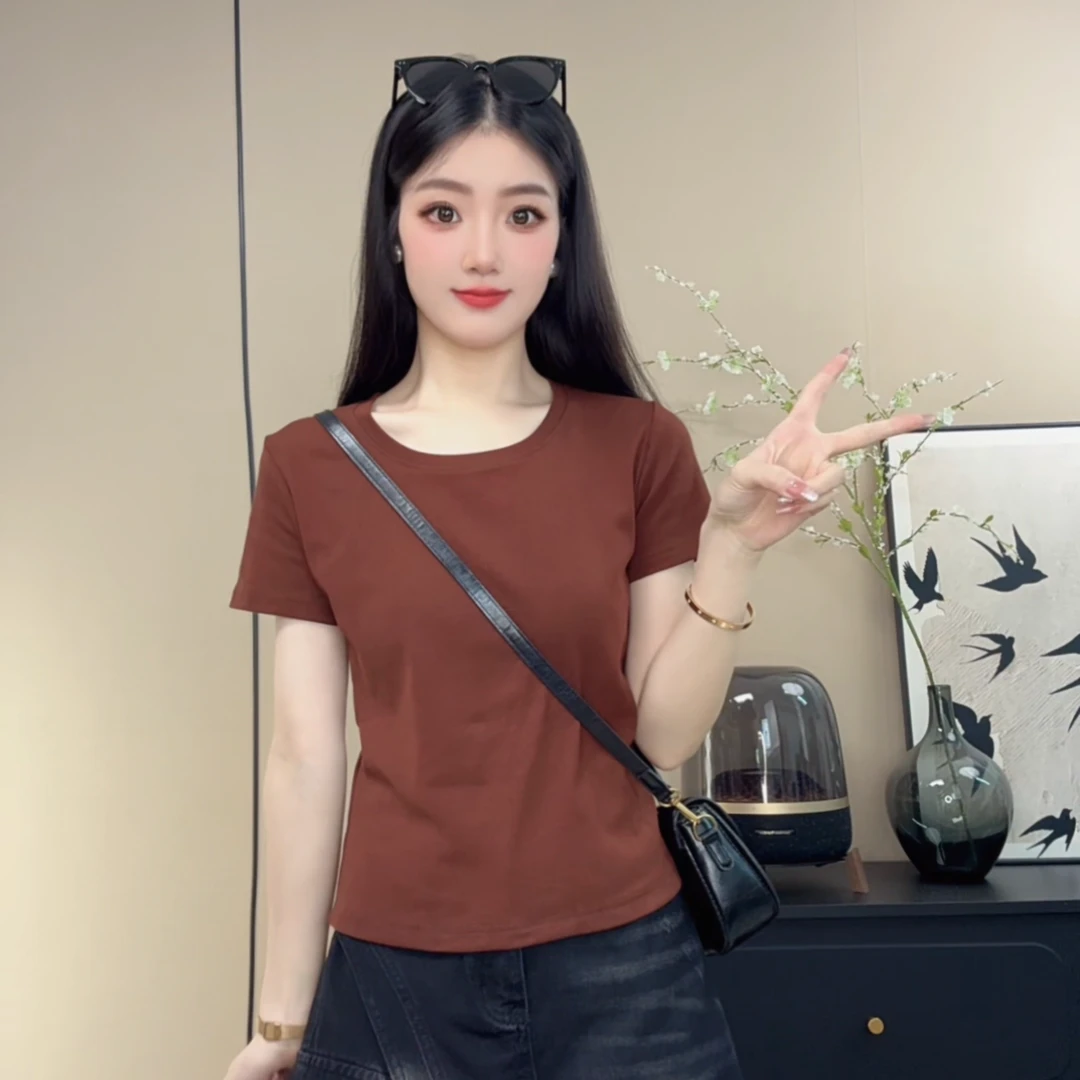 露锁骨百搭U领短袖T恤女夏季新款韩版修身显瘦纯色打底内搭上衣服