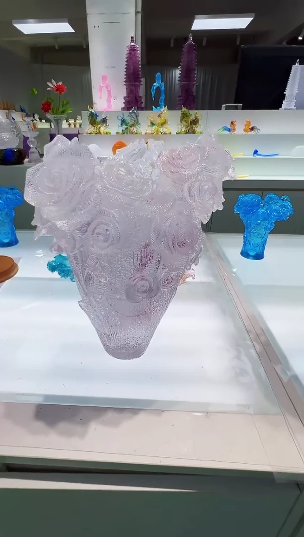 手工艺品琉璃广**姐古法琉璃36cm玫瑰花瓶摆件