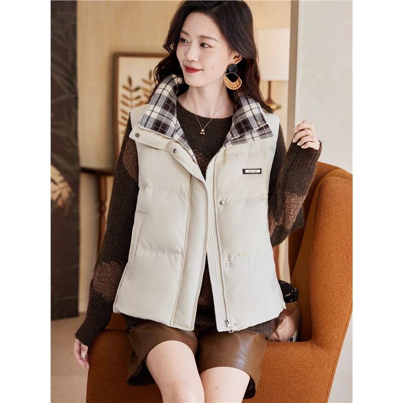 度卡奴格子拼接立领羽绒马甲女2025冬季时尚保暖百搭宽松大码外套