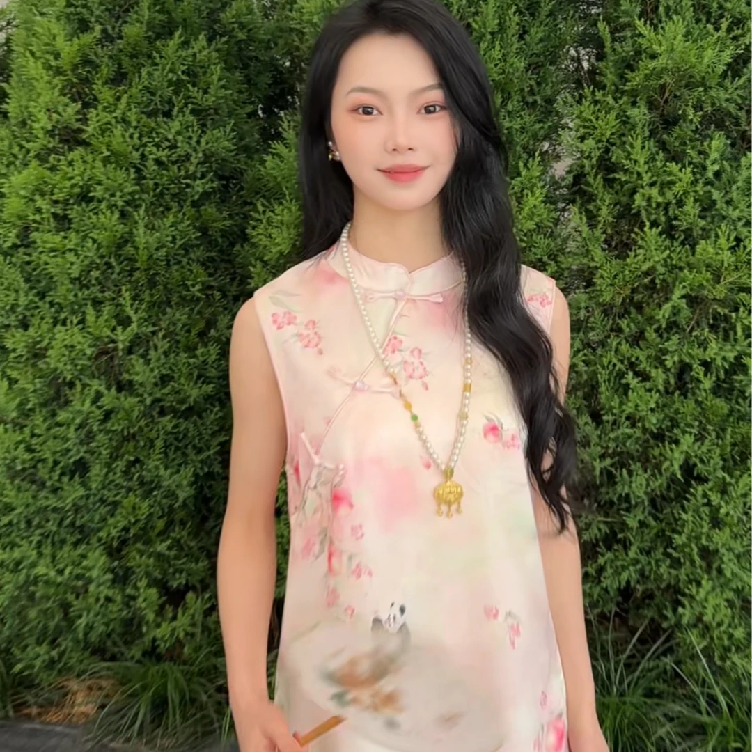 【水蜜桃】中长款斜襟提花熊猫无袖复古上衣女士背心新中式穿搭上衣