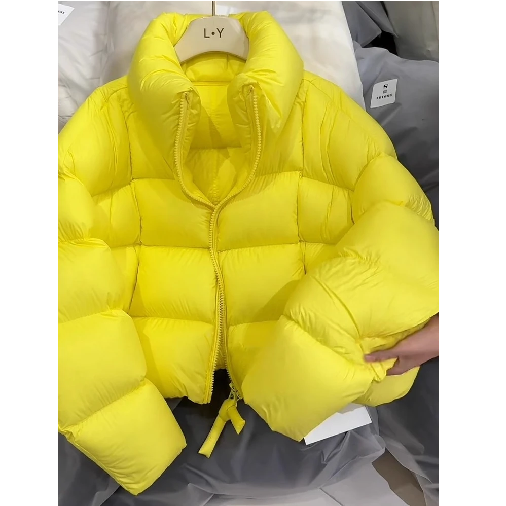 今年流行黄色短款立领面包服女款冬季新款加厚保暖蓬松棉服外套