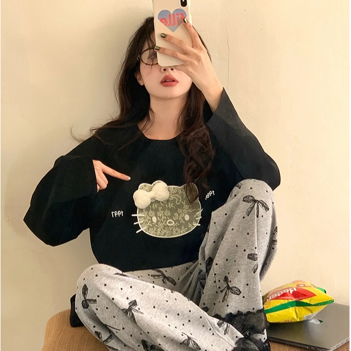 甜美纯欲风KT凯蒂猫睡衣女春秋长袖套头可爱家居服套装可外穿韩版