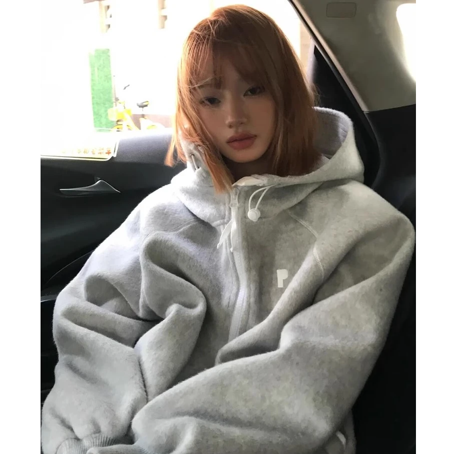 美式复古毛呢外套女早春重磅灰色连帽卫衣开衫街头风宽松通勤上衣