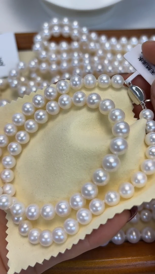 颈饰银S925镶嵌淡水珍珠˚****?7.5-8.5mm无核白珠项链