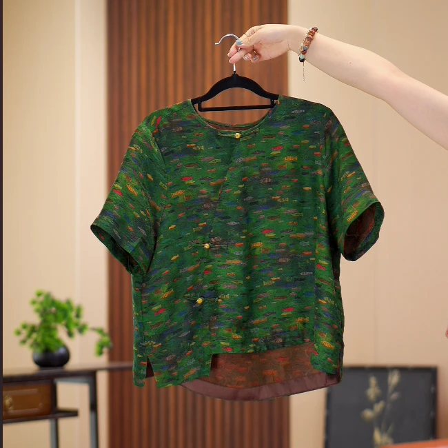 如鱼得水红云纱花罗夏季桑蚕丝香云纱气质复古新中式古风小衫M010