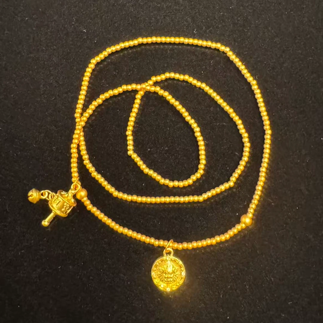 足金999 古法三层两用黄财神转经筒小金珠手串