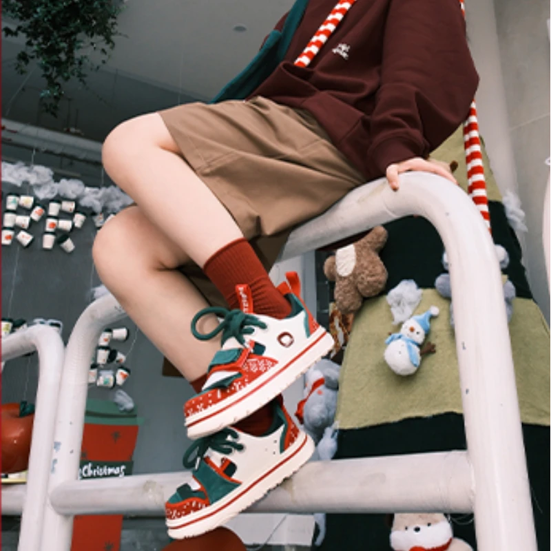 OETZI冰人奥兹圣诞限定款丑萌女鞋拼接厚底板鞋秋冬翻毛皮情侣鞋