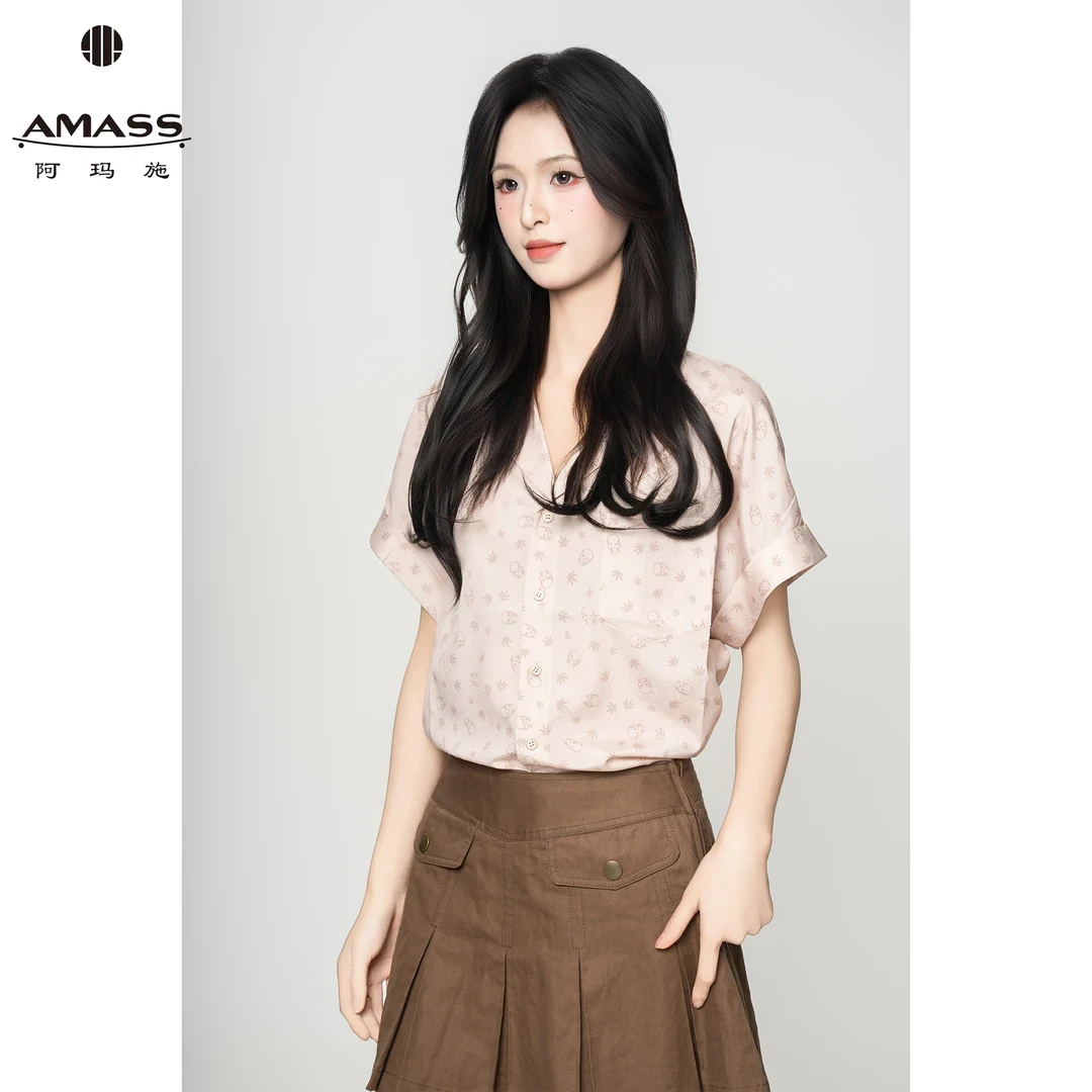AMASS/阿玛施新款衬衫印花新潮风衬衫短袖女士休闲上衣百搭530066