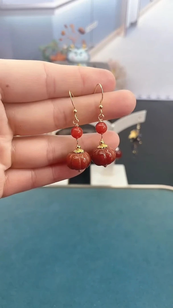 未镶嵌翡翠耳饰红色南瓜
