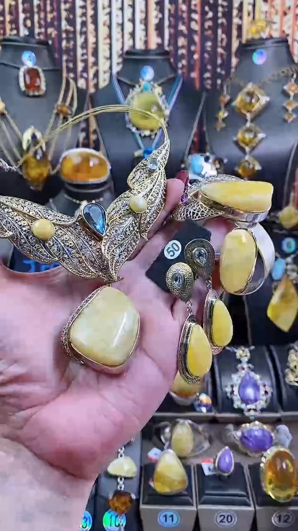 银S925镶嵌颈饰琥珀黄蜜项链手镯耳环戒指四件套