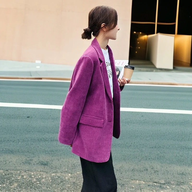 紫色灯芯绒西装女2025新款秋冬小个子复古宽松休闲咖色韩版小西服
