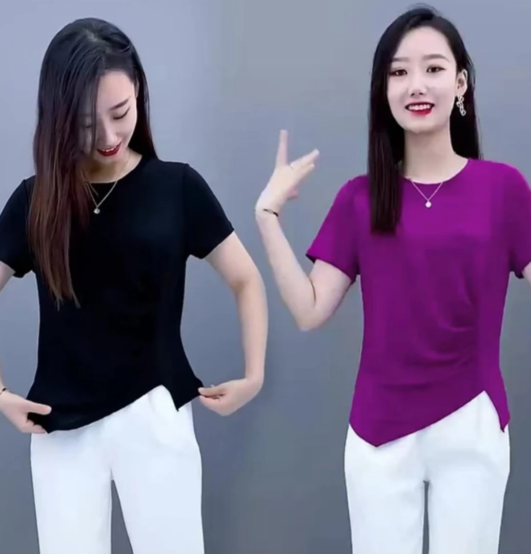 不规则修身圆领短袖T恤女百搭设计感洋气显瘦上衣纯色气质夏季
