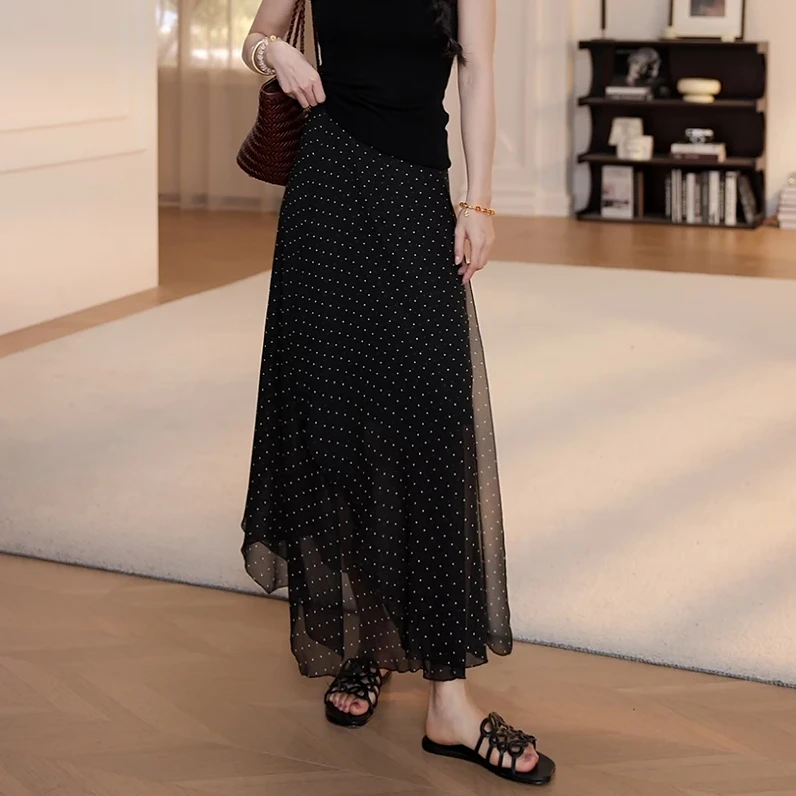 (松紧腰+拉链）2025夏季新款高腰休闲小波点纱裙长裙百搭半身裙女