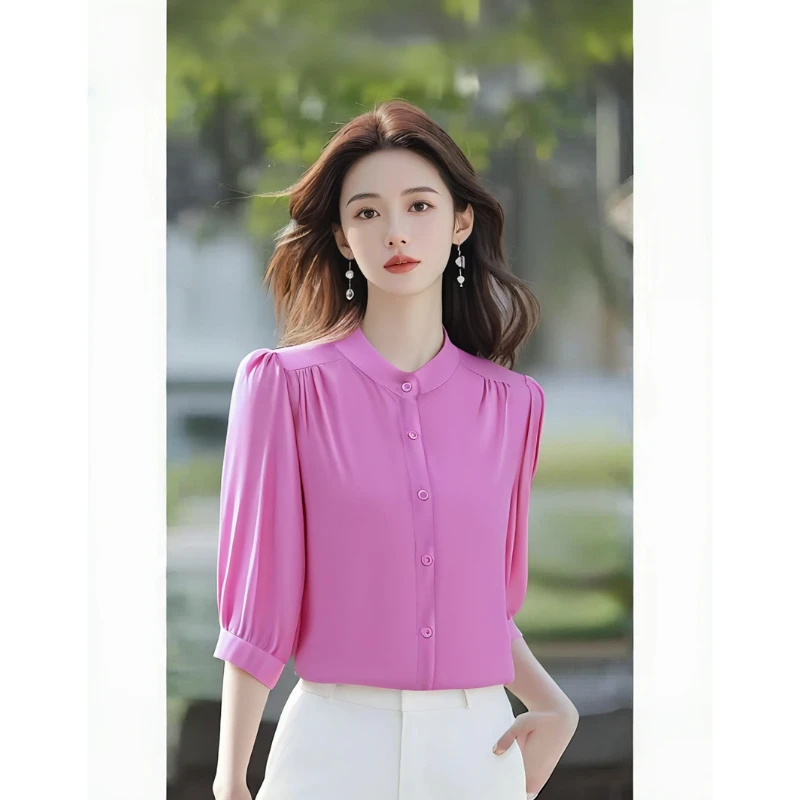 夏新款韩版时尚洋气七分袖衬衫气质简约阔太太减龄显瘦单排扣小衫