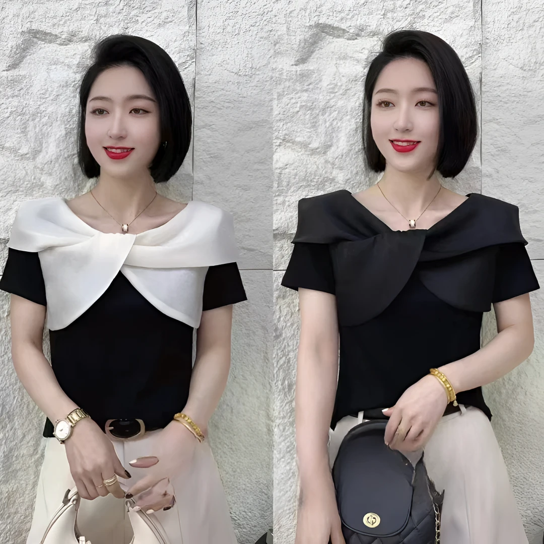 2025新款夏季气质修身法式交叉领时尚洋气t恤小众显瘦百搭短袖