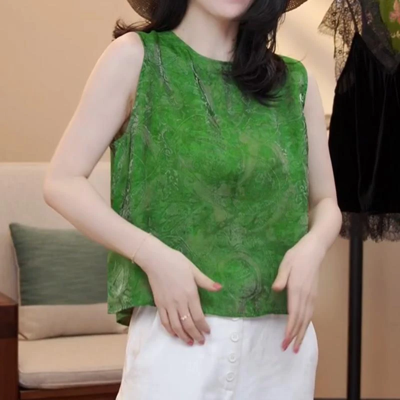 新中式温婉大方风复古圆领马甲短袖遮肚显瘦懒惰风上衣