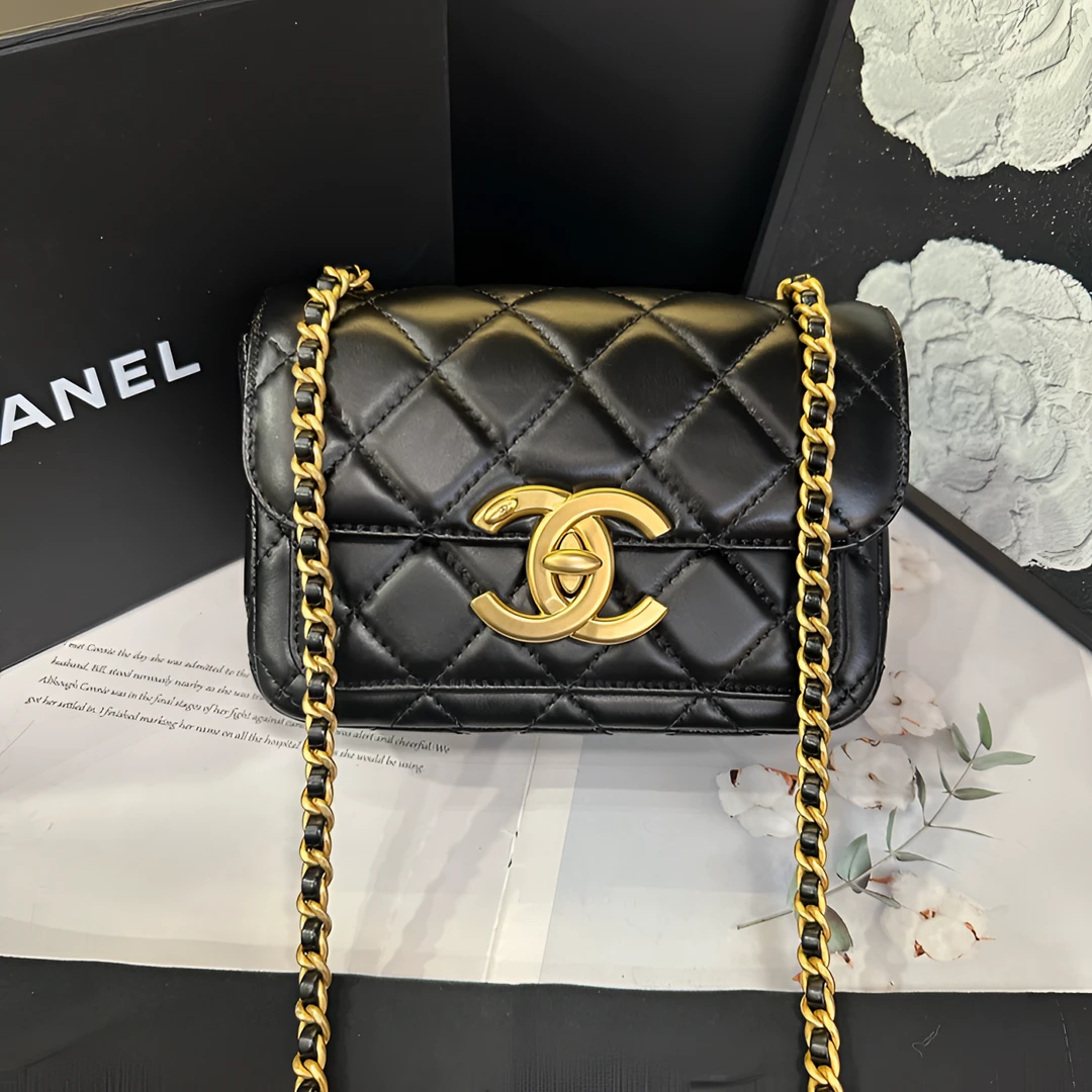 95新 Chanel/香奈儿 24B黑金方胖子单肩包B3049