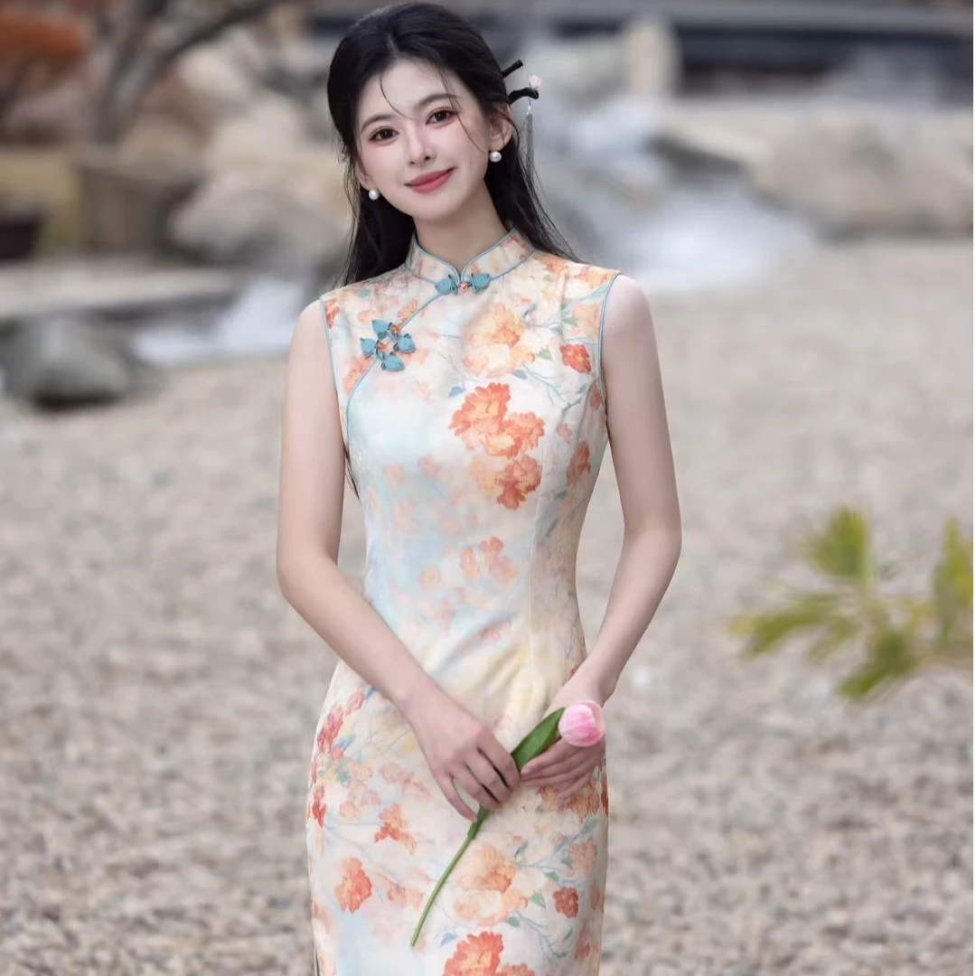 SQF苏坊新款旗袍女夏季新中式改良年轻款日常高端修身无袖旗袍120