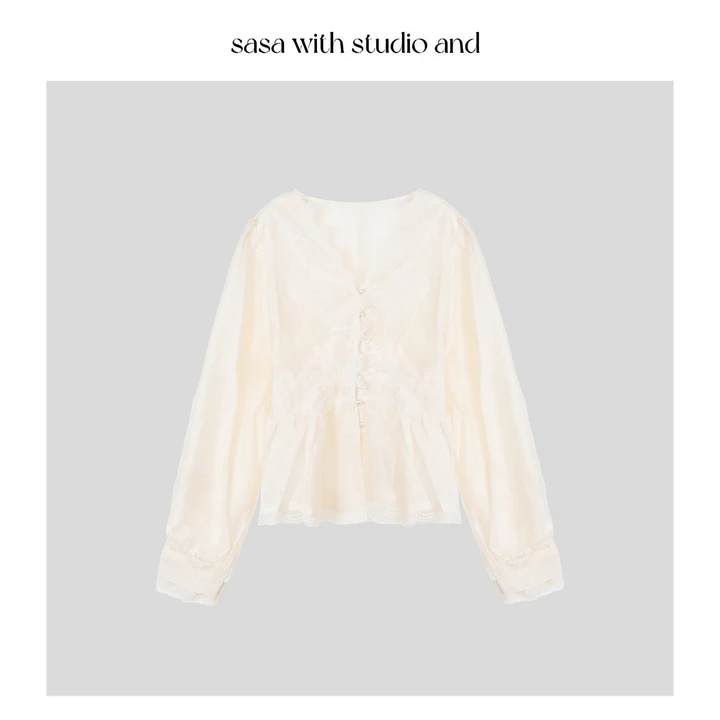 法式蕾丝刺绣小衫长袖减龄百搭上衣 77022