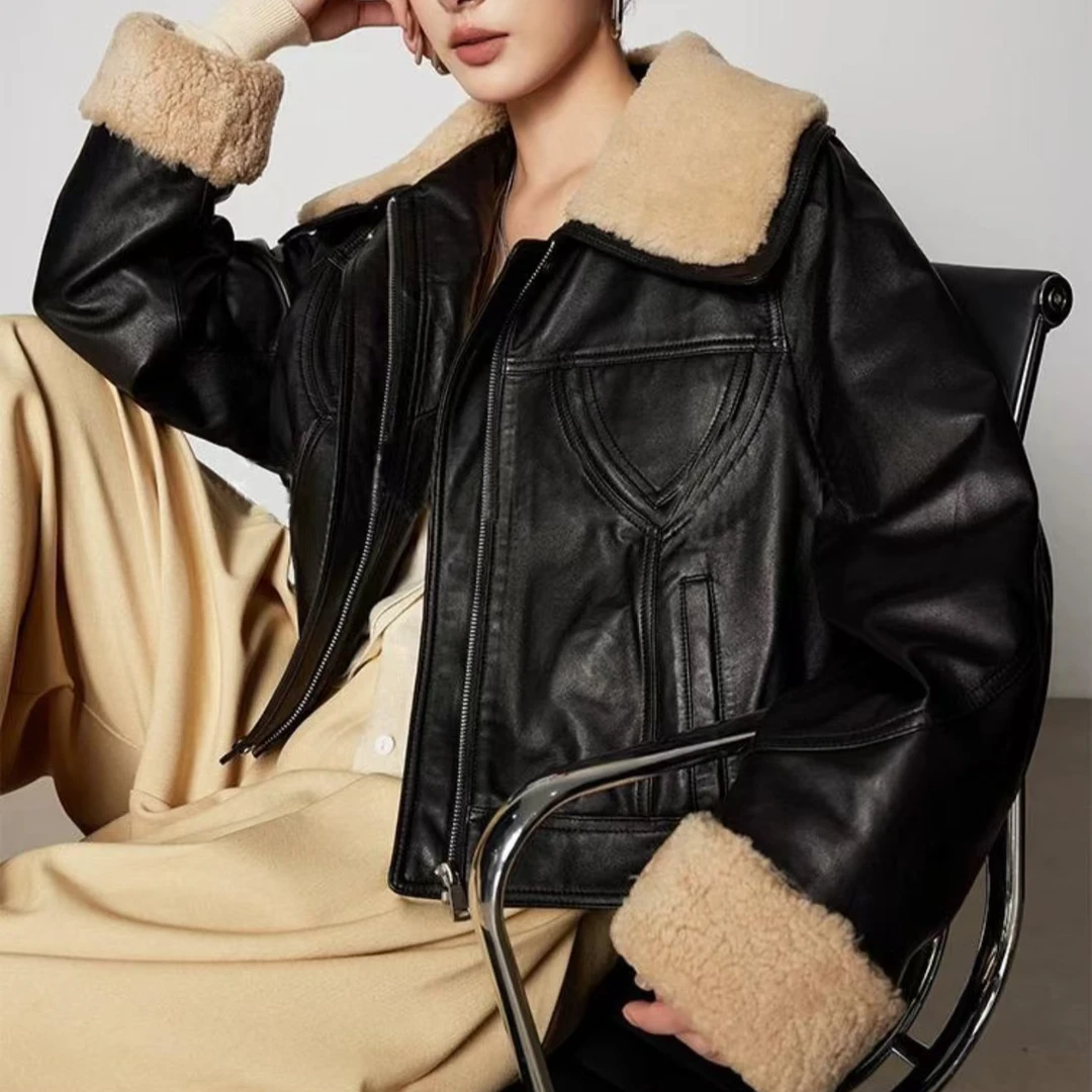 2024冬季新款高级感羊羔毛领加绒皮衣女显瘦加厚保暖外套8669
