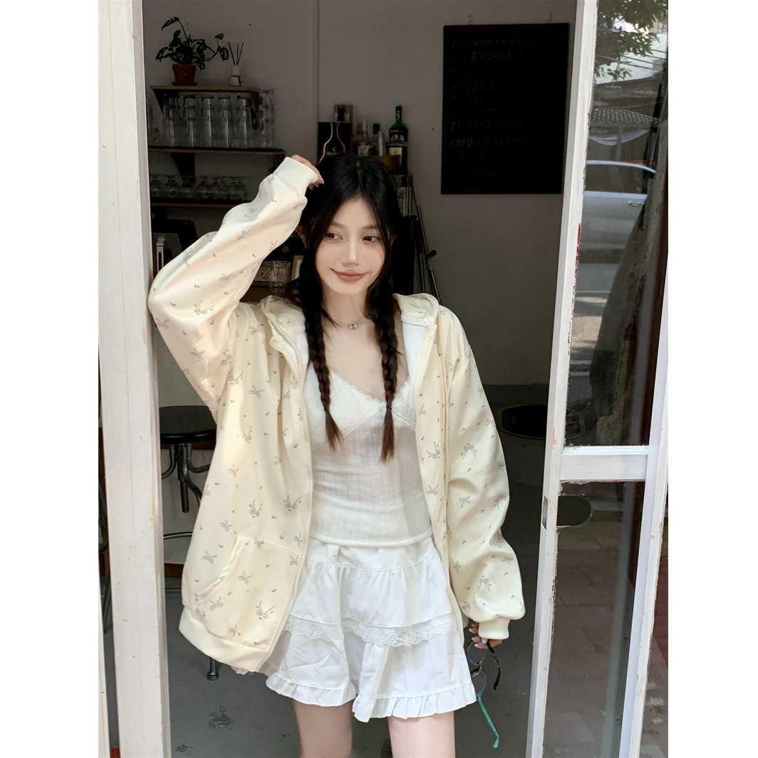 蝴蝶结印花拉链连帽卫衣外套秋季休闲宽松开衫上衣