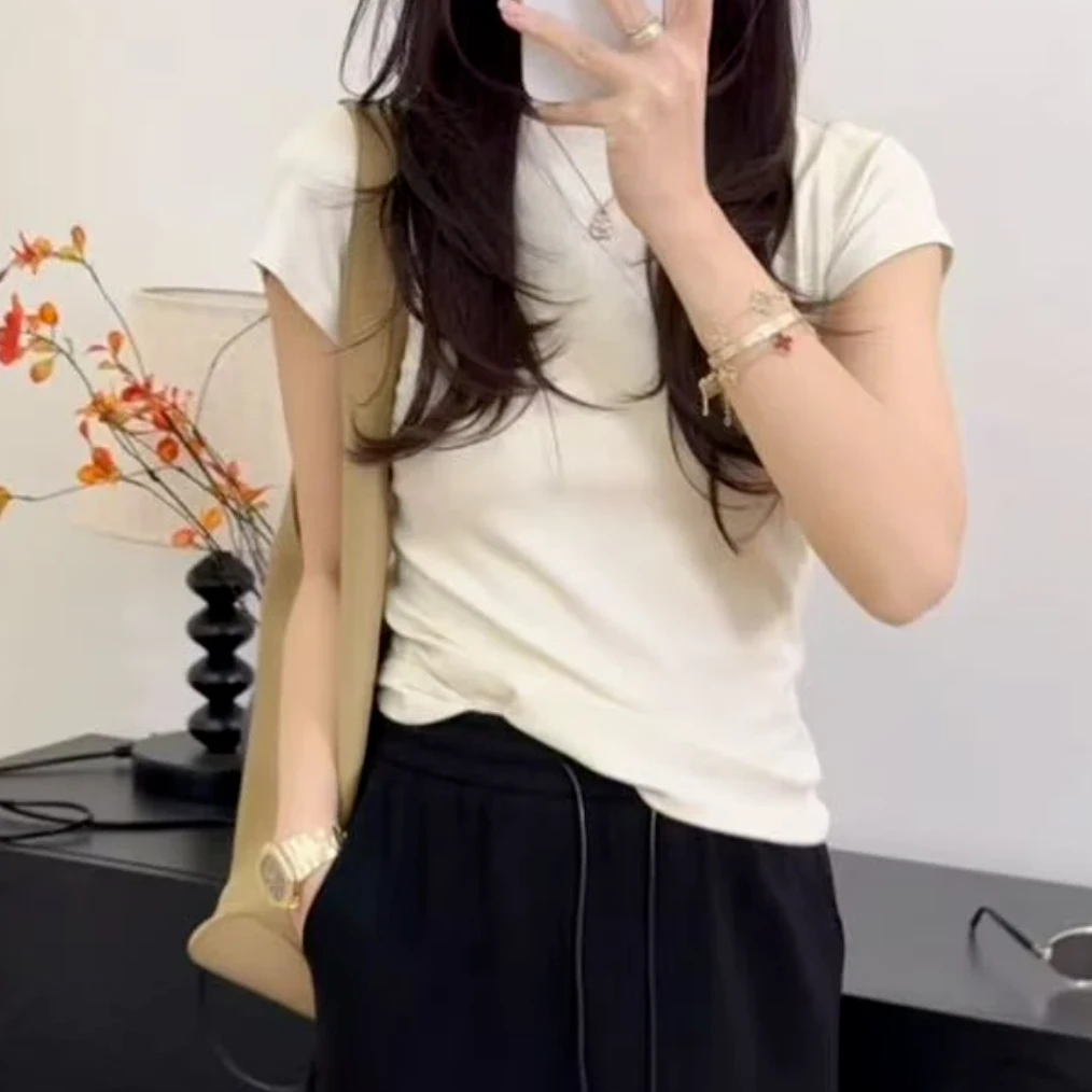 设计感小飞袖纯色T恤女2025新款春夏修身休闲时尚百搭圆领上衣