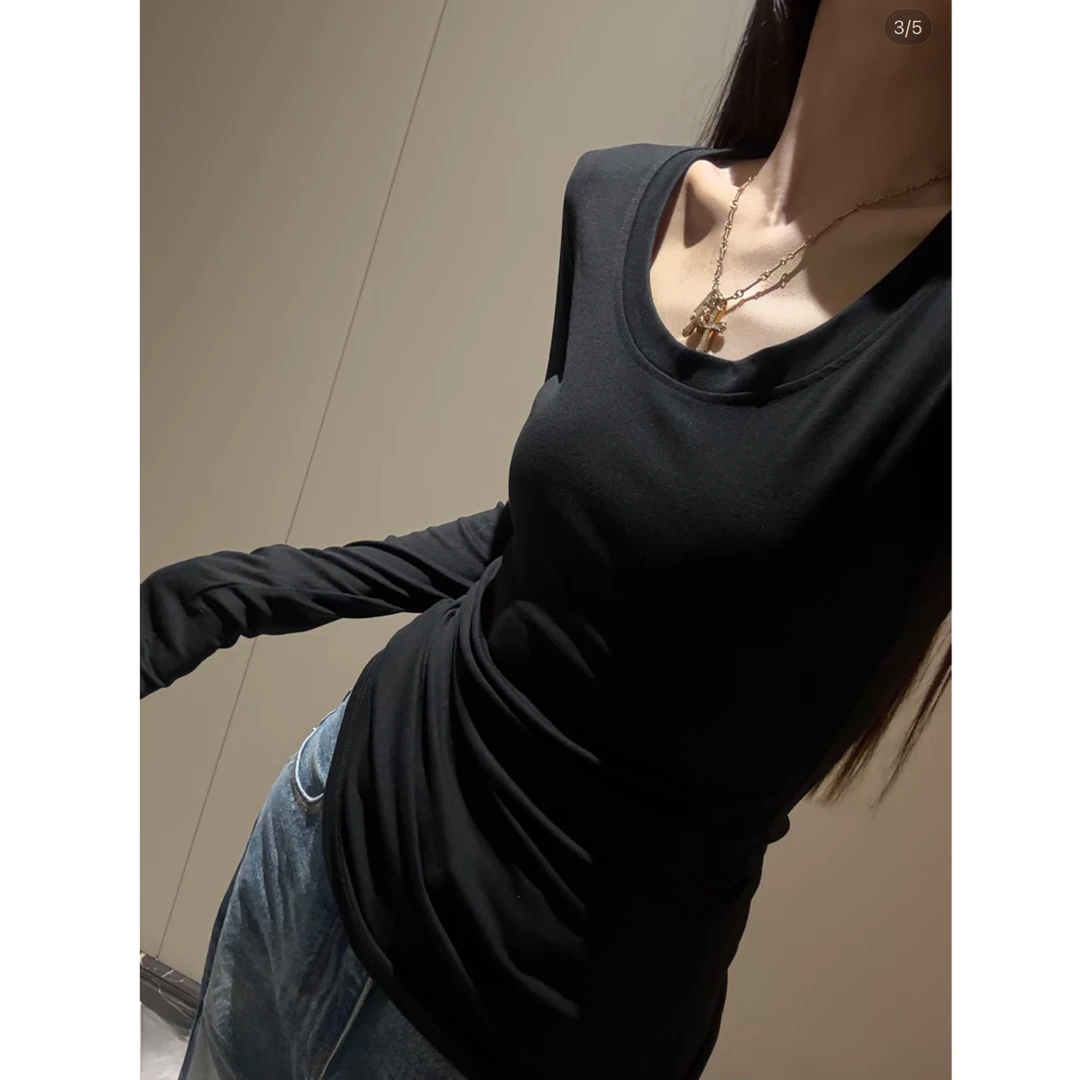 秋冬季韩版加绒加厚显瘦打底衫高级感小众设计长袖T恤 W4304