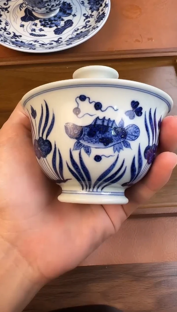 问青坊纯手工手绘青花鱼藻柴窑二才盖碗