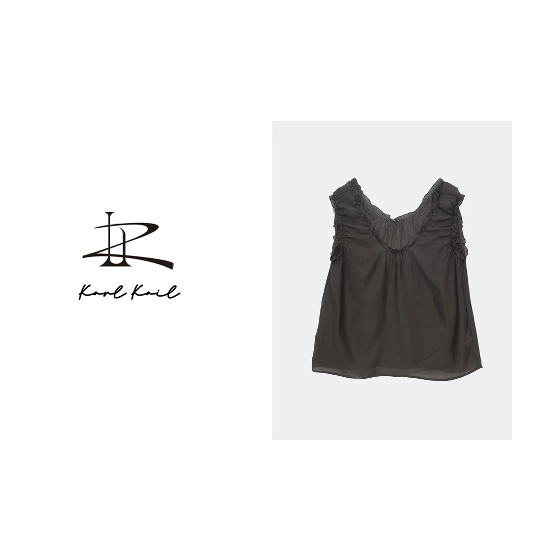 kARE KAIE【23054】莱赛尔醋酸U领吊带上衣褶皱通勤木耳边无袖背心