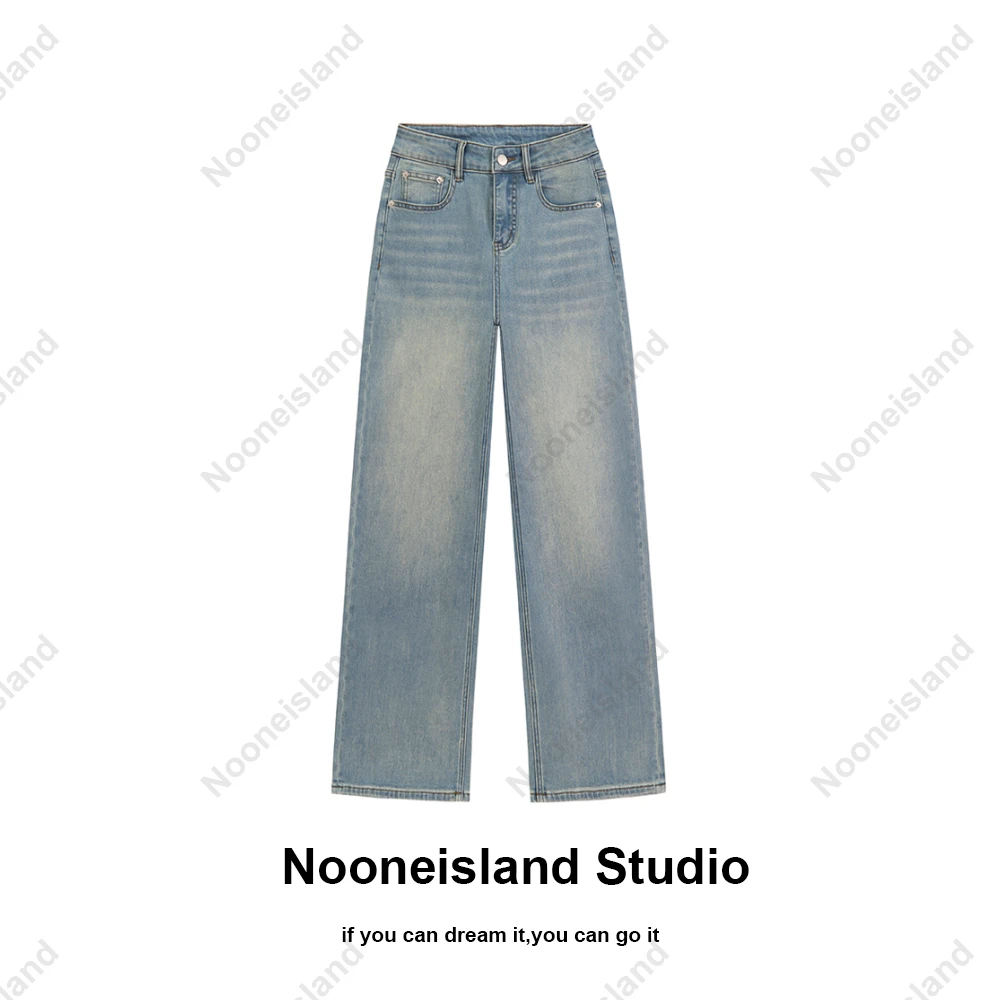 Nooneisland高级浅蓝色阔腿牛仔裤冬季加绒加厚显瘦高腰裤子6108